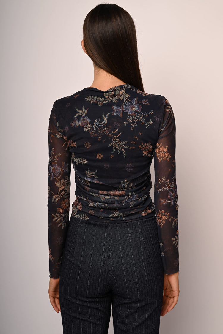 Top in tulle drappeggiato a stampa floreale
