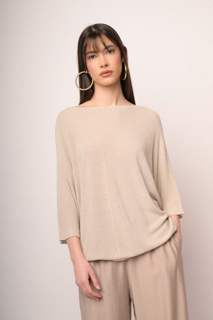 Pullover oversize in maglia lurex beige