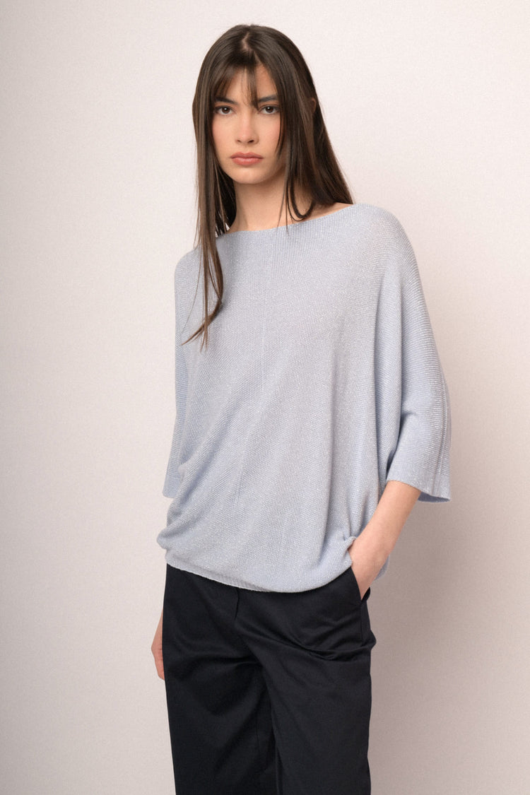 Pullover oversize in maglia lurex celeste