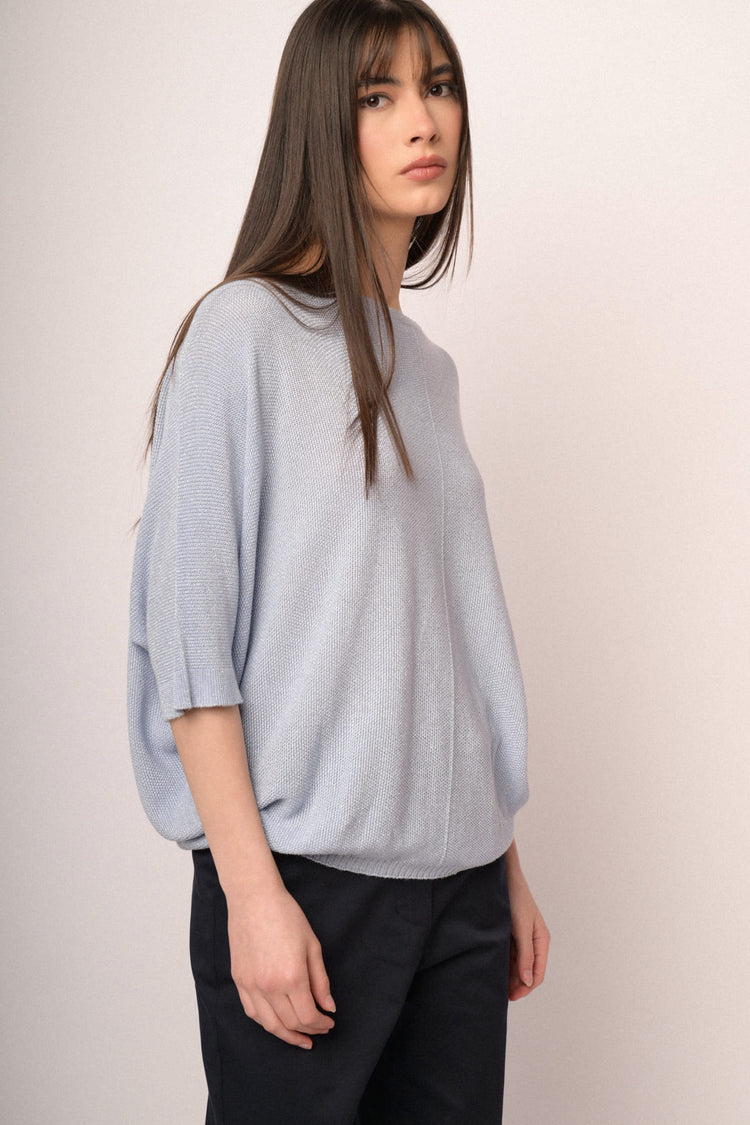 Pullover oversize in maglia lurex celeste