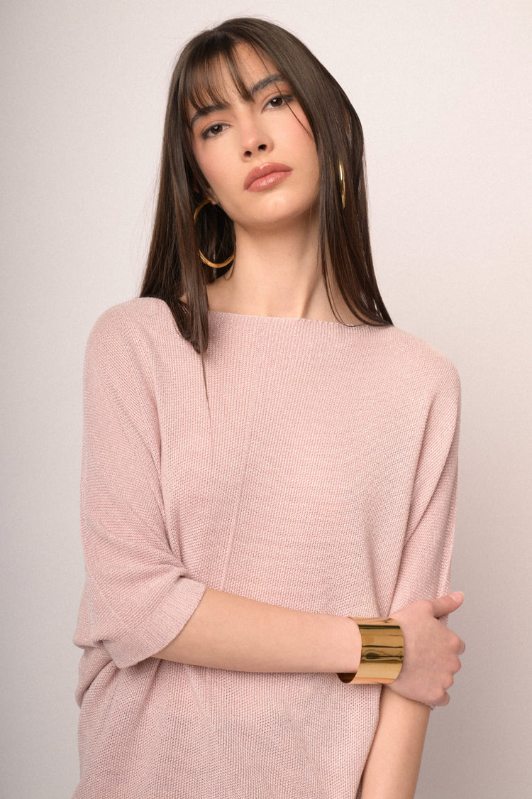 Pullover oversize in maglia lurex rosa