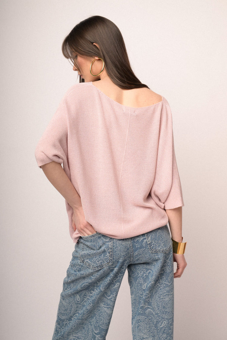 Pullover oversize in maglia lurex rosa