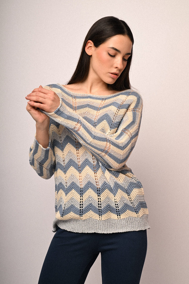 Pull in maglia crochet a righe zig-zag