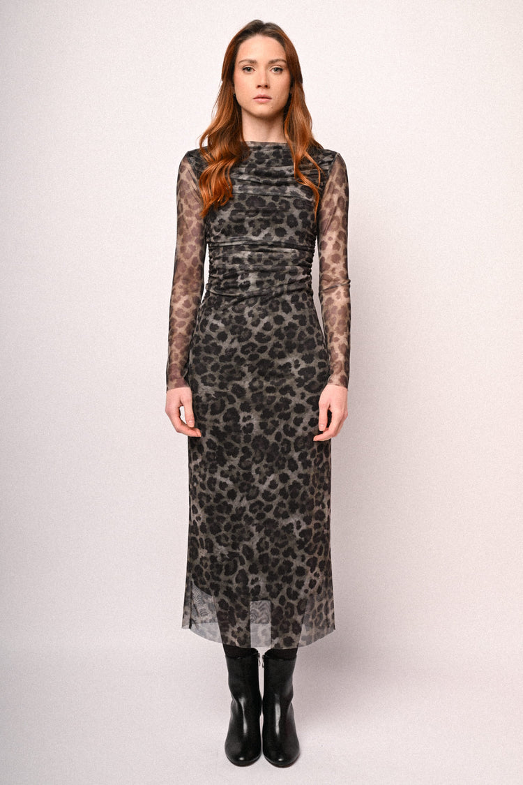 Abito midi in tulle a stampa animalier