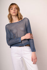 Pullover boxy-fit in maglia traforata blu denim