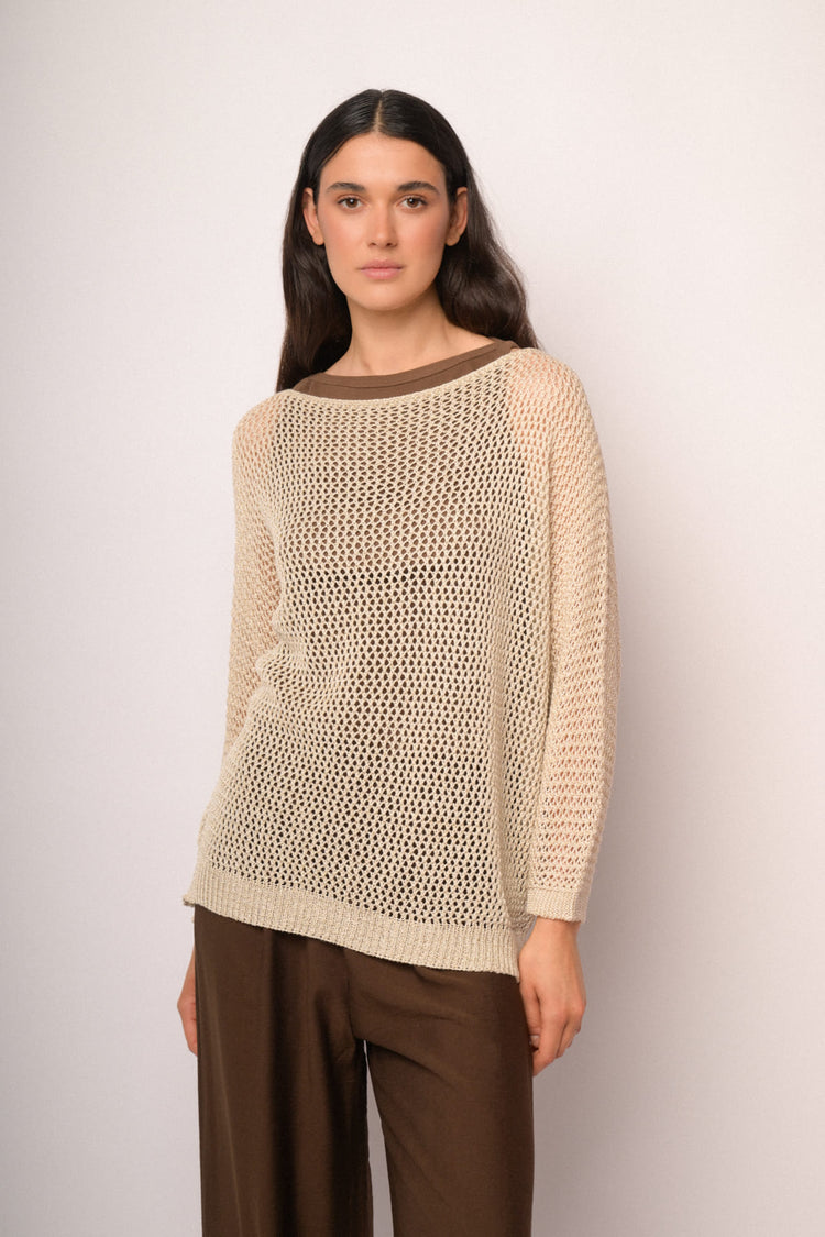 Maglia traforata beige con lurex