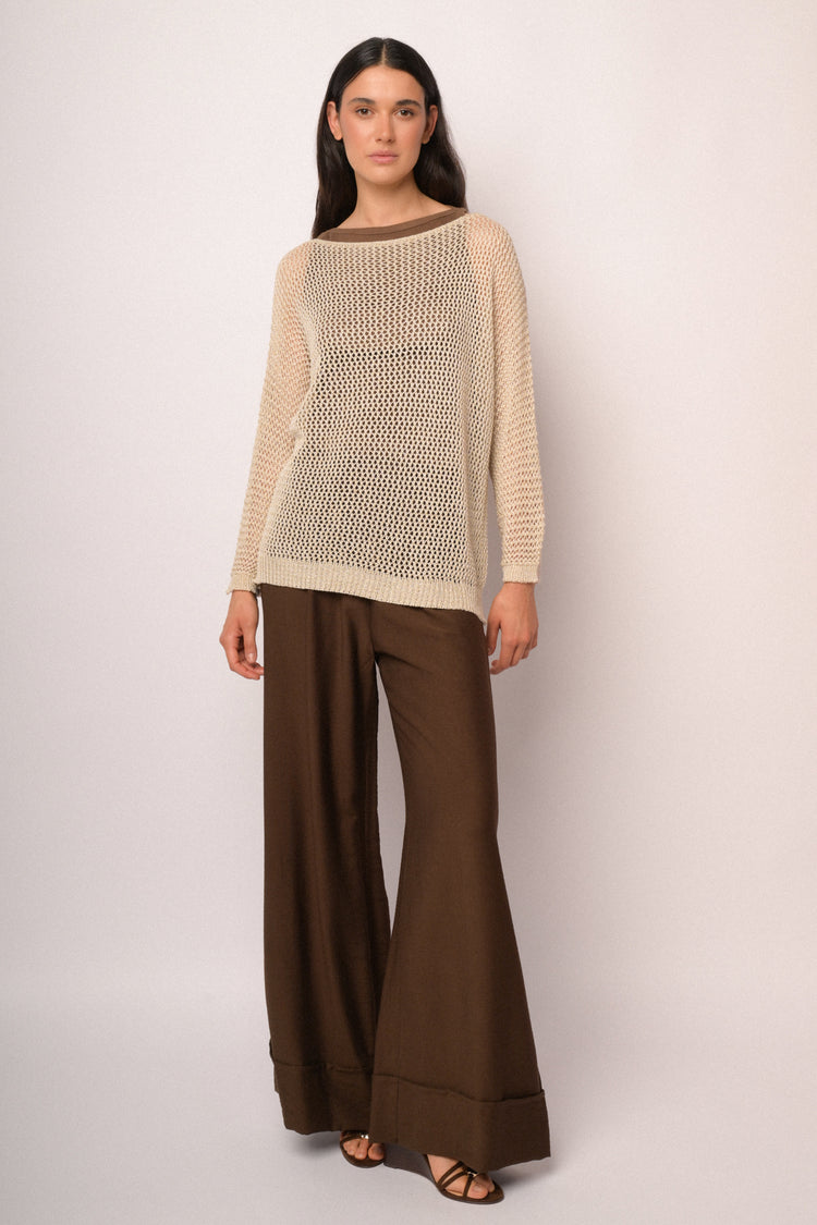 Maglia traforata beige con lurex