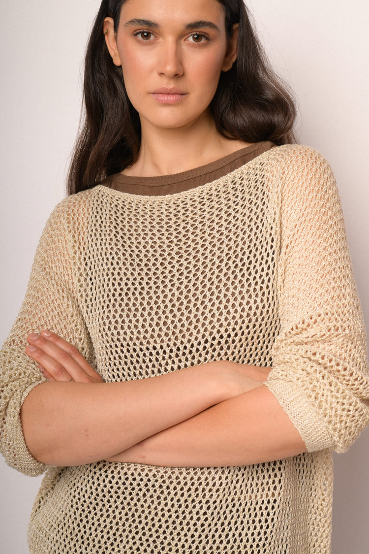 Maglia traforata beige con lurex
