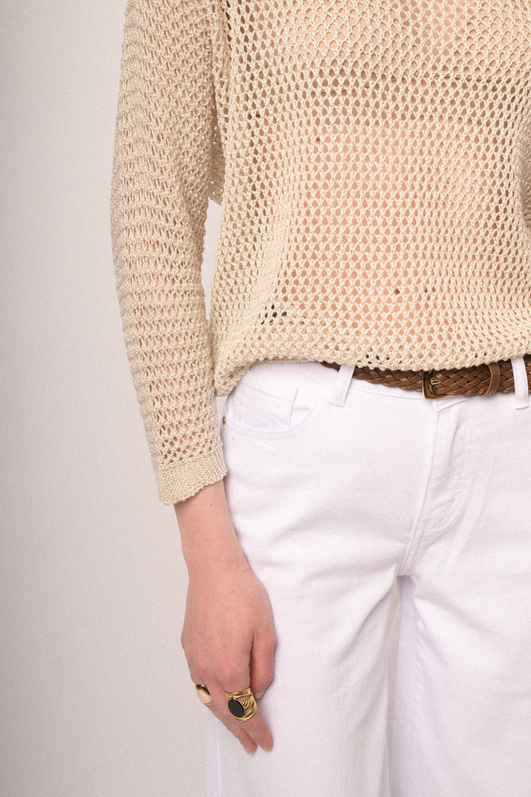 Pullover boxy-fit in maglia traforata beige