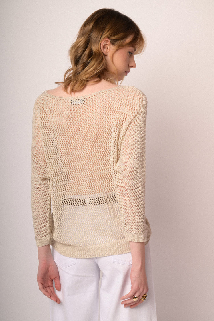 Pullover boxy-fit in maglia traforata beige
