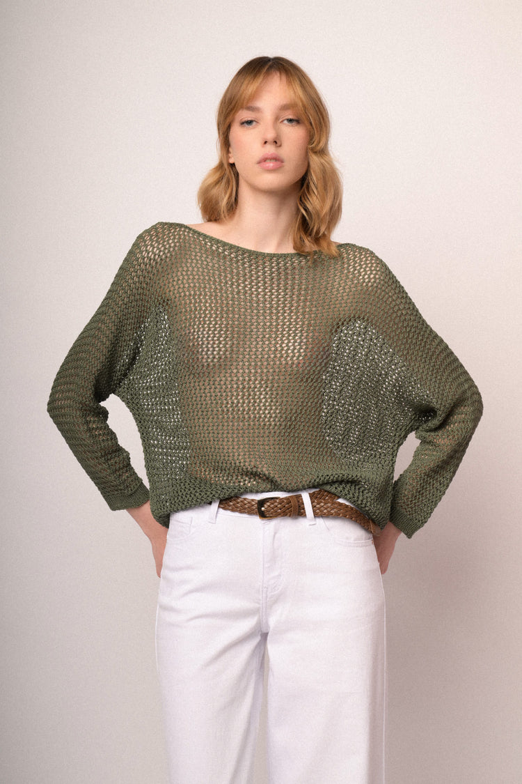 Pullover boxy-fit in maglia traforata verde oliva