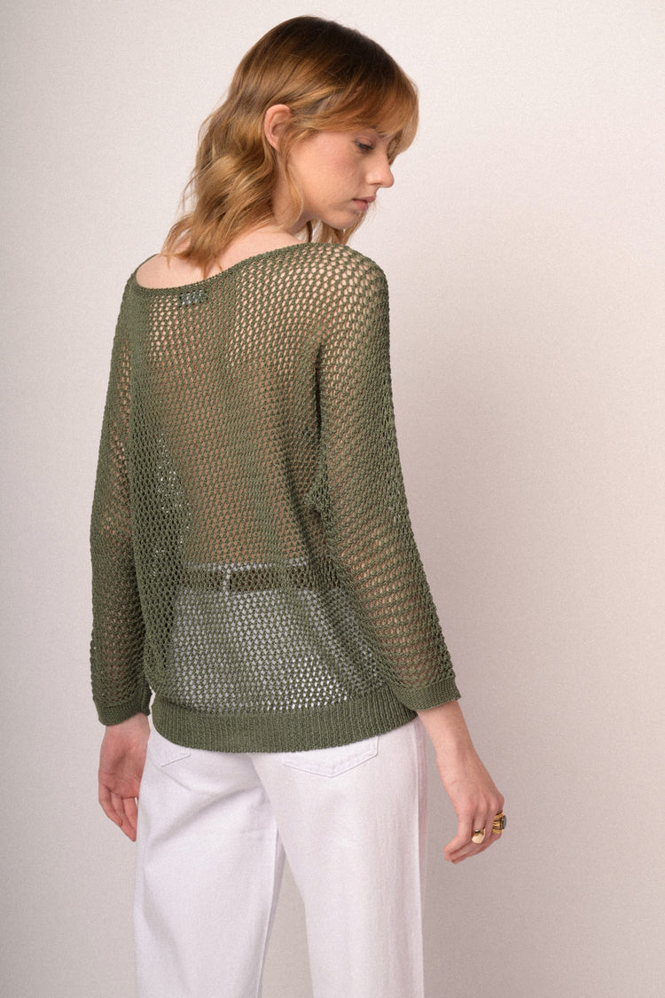 Pullover boxy-fit in maglia traforata verde oliva