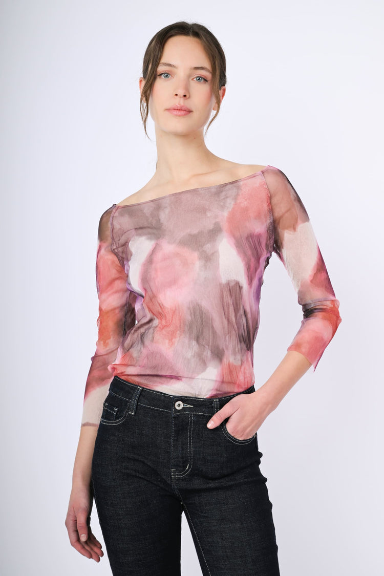 Top in tulle a stampa astratta