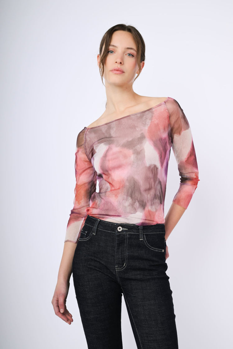 Top in tulle a stampa astratta