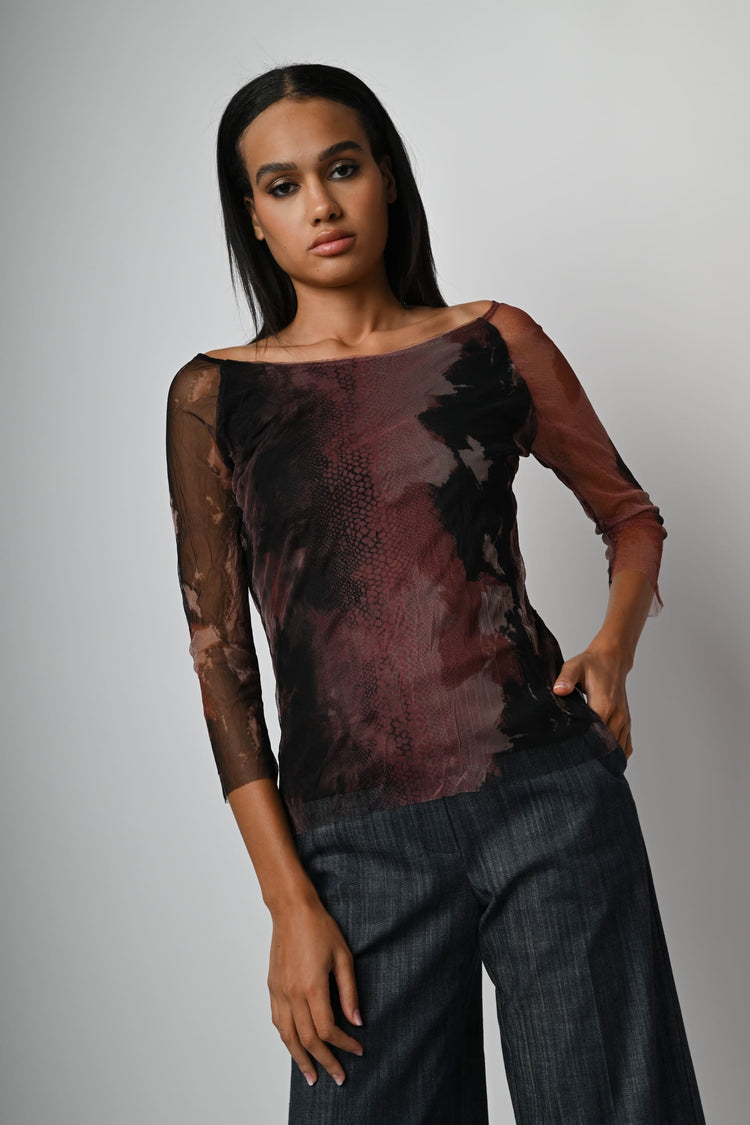 Top in tulle a stampa animalier