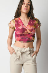 Top crop in tulle a stampa floreale
