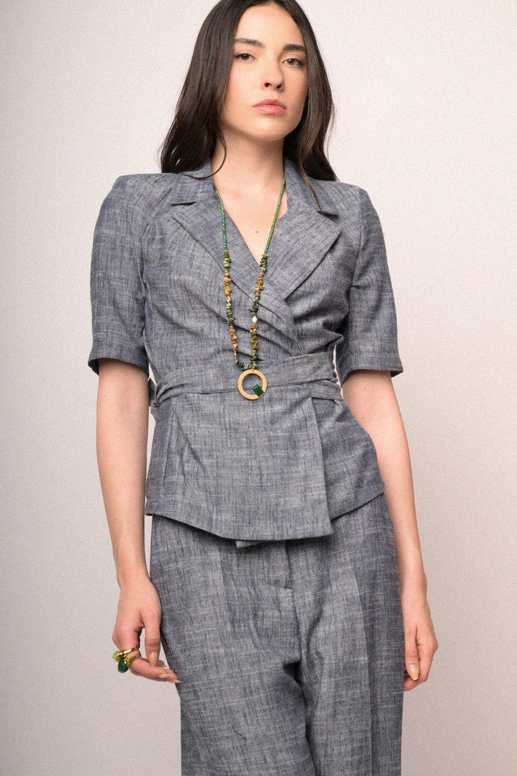 Blazer a mezze maniche con cintura blu mélange