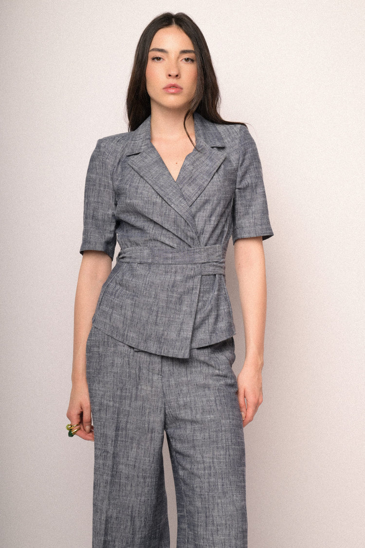 Blazer a mezze maniche con cintura blu mélange