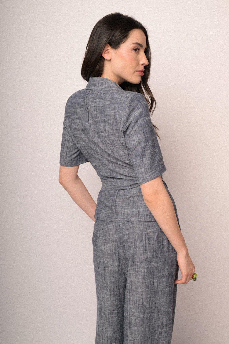 Blazer a mezze maniche con cintura blu mélange