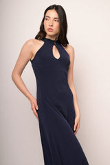 Abito lungo halter blu notte con cut-out