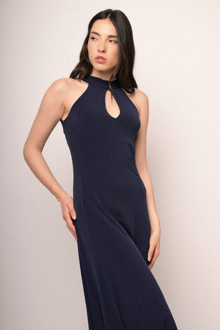 Abito lungo halter blu notte con cut-out