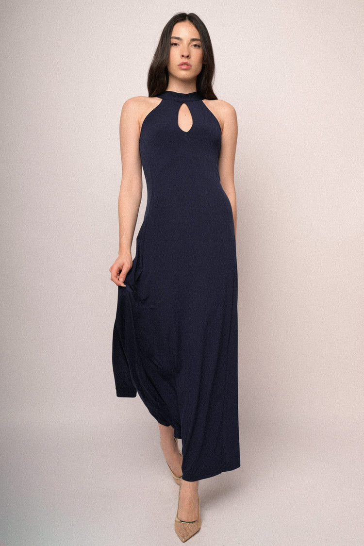 Abito lungo halter blu notte con cut-out