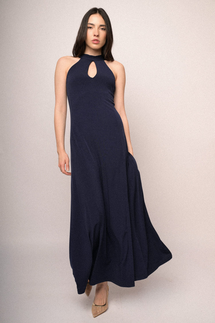 Abito lungo halter blu notte con cut-out