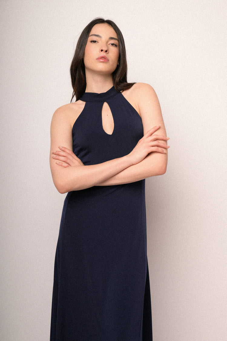 Abito lungo halter blu notte con cut-out