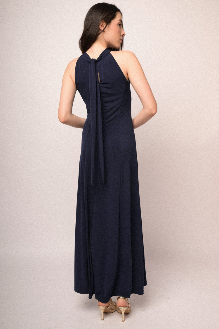 Abito lungo halter blu notte con cut-out