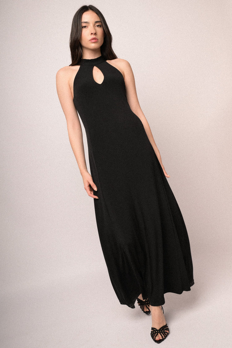 Abito lungo halter nero con cut-out