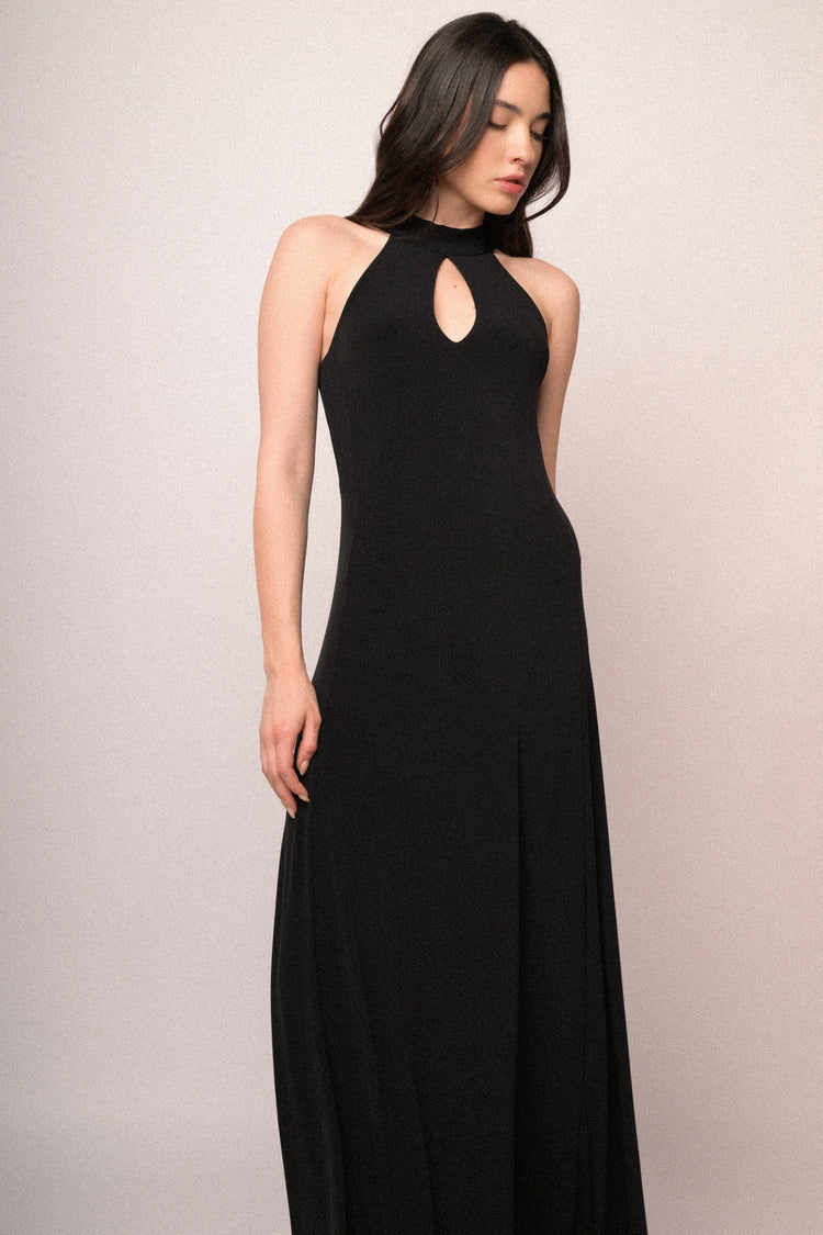 Abito lungo halter nero con cut-out