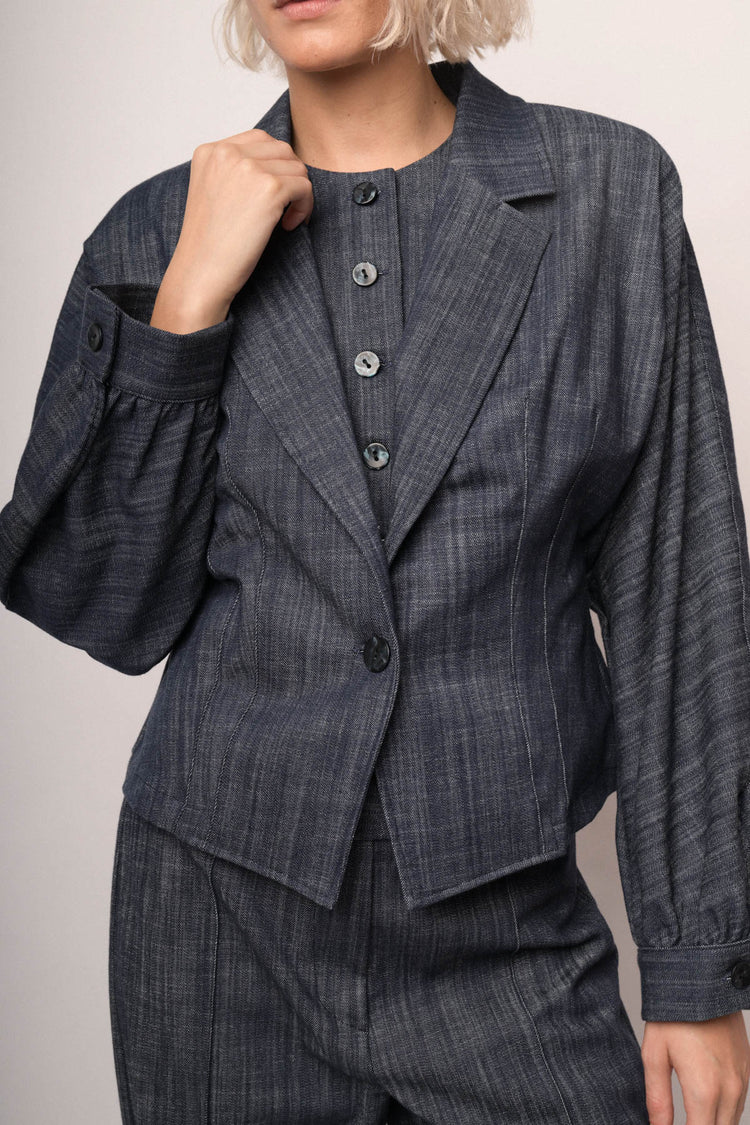 Blazer effetto denim blu con maniche a palloncino