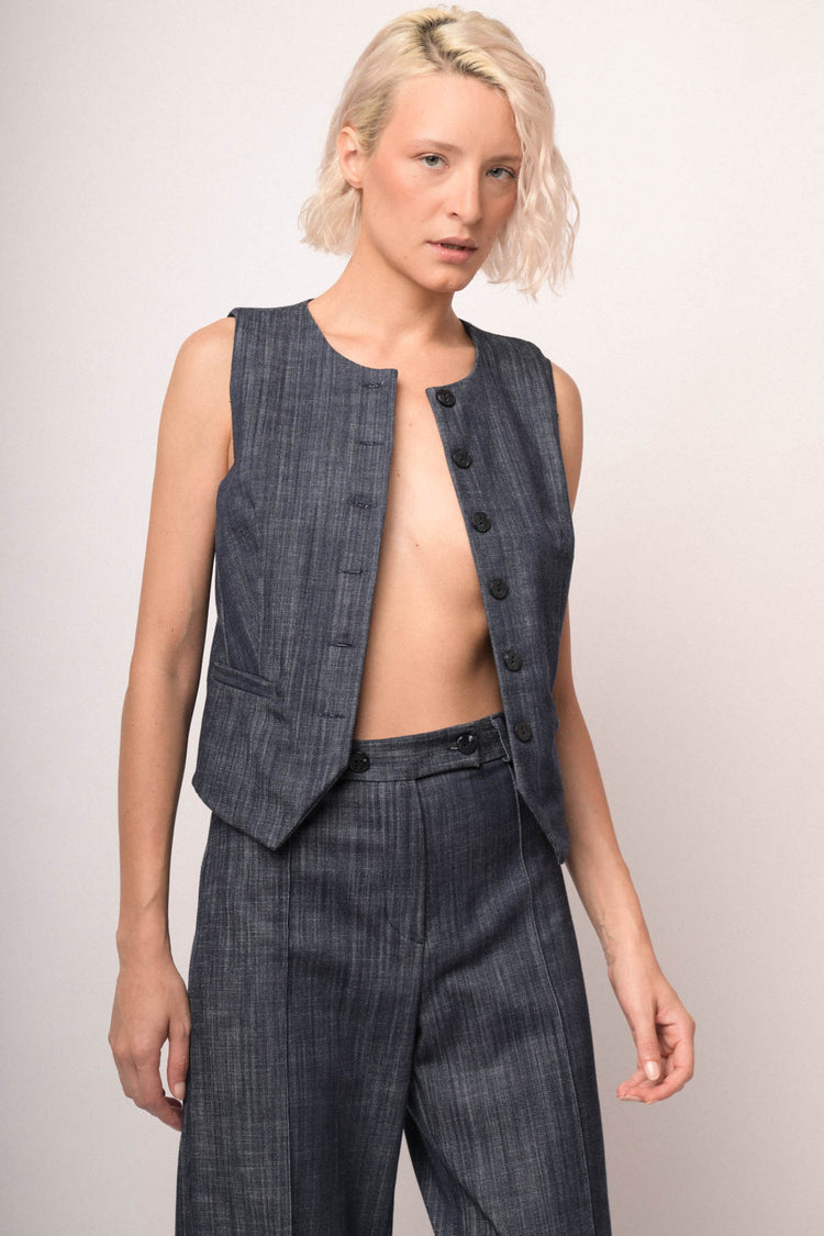 Gilet effetto denim blu con scollo tondo