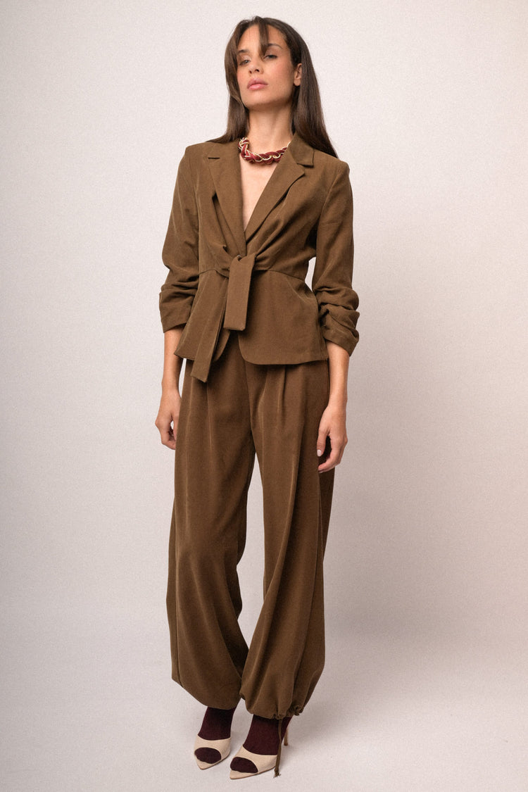 Blazer in viscosa cammello con lacci da annodare
