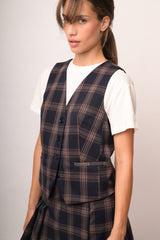 Gilet misto viscosa a stampa check blu/multicolor