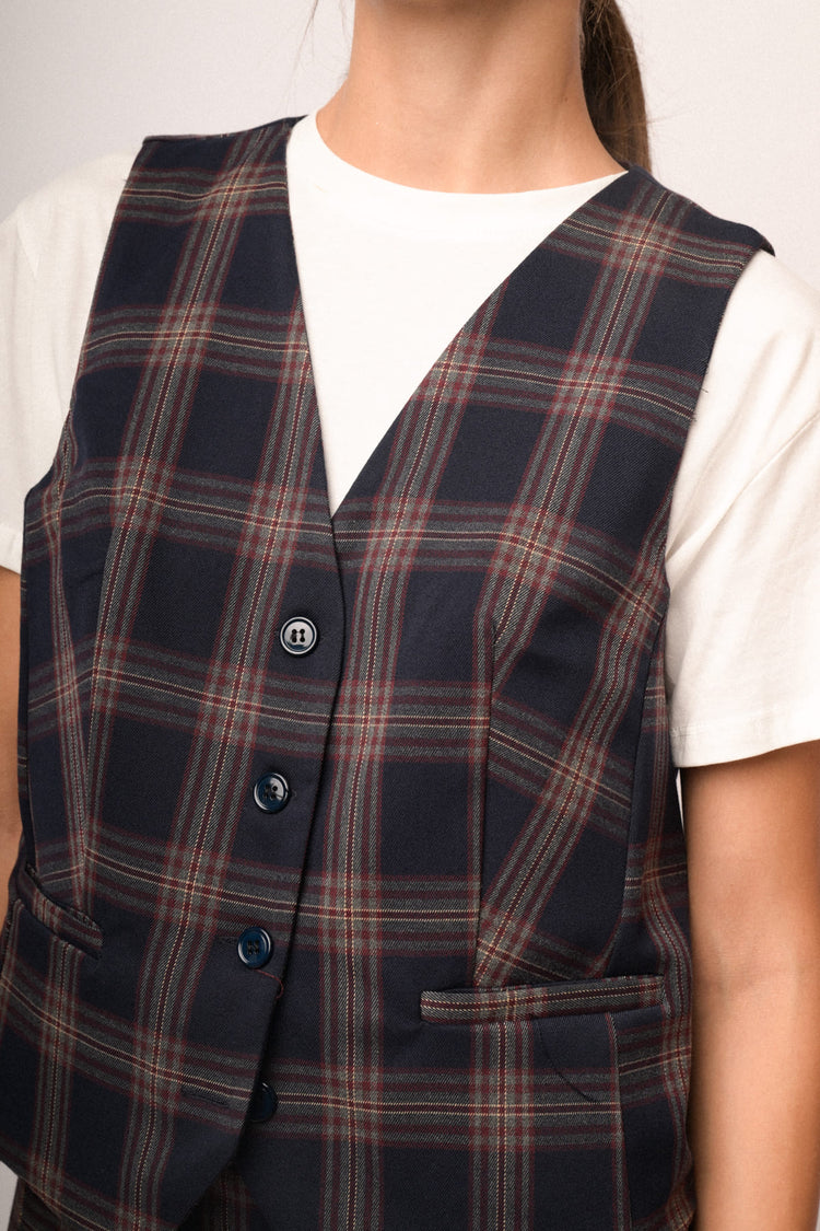 Gilet misto viscosa a stampa check blu/multicolor