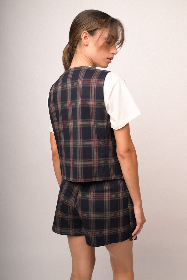 Gilet misto viscosa a stampa check blu/multicolor
