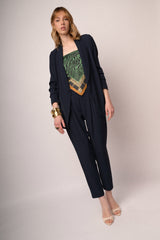 Pantaloni basic in crêpe fluido blu con pieghe