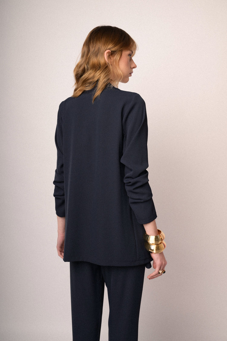 Blazer in jersey blu con maniche arricciate