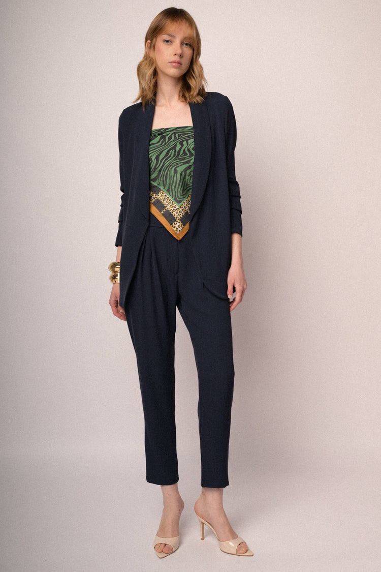 Blazer in jersey blu con maniche arricciate