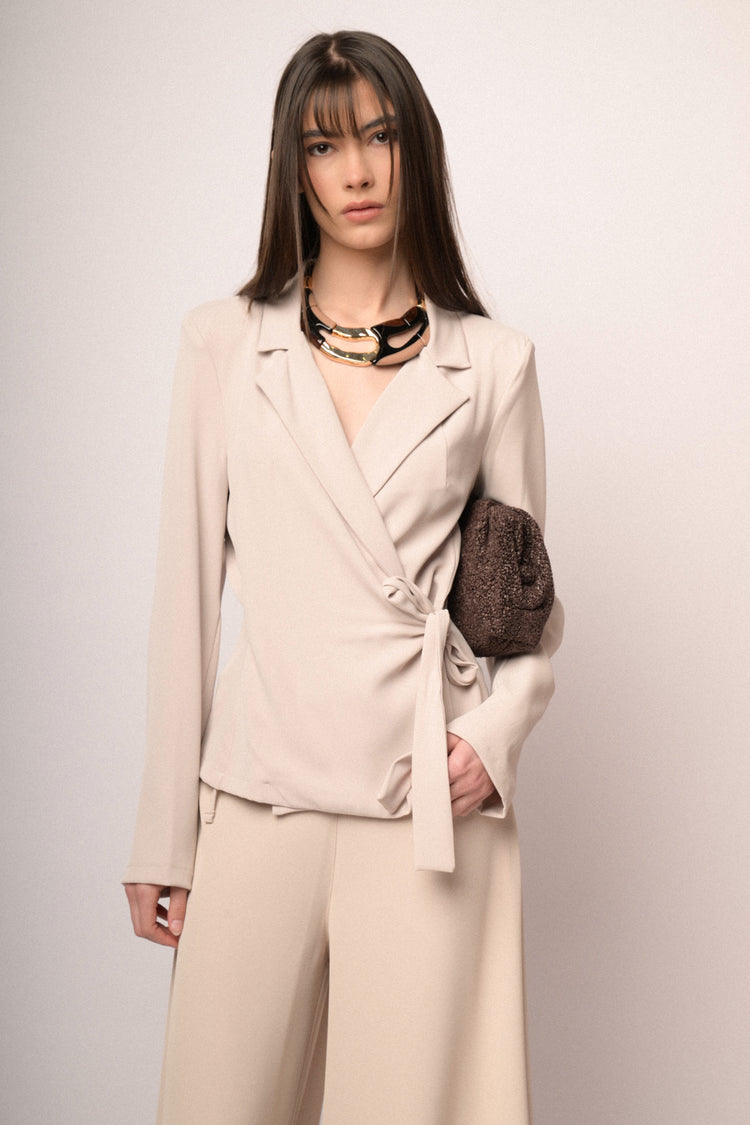 Blazer a portafoglio con cintura laterale beige