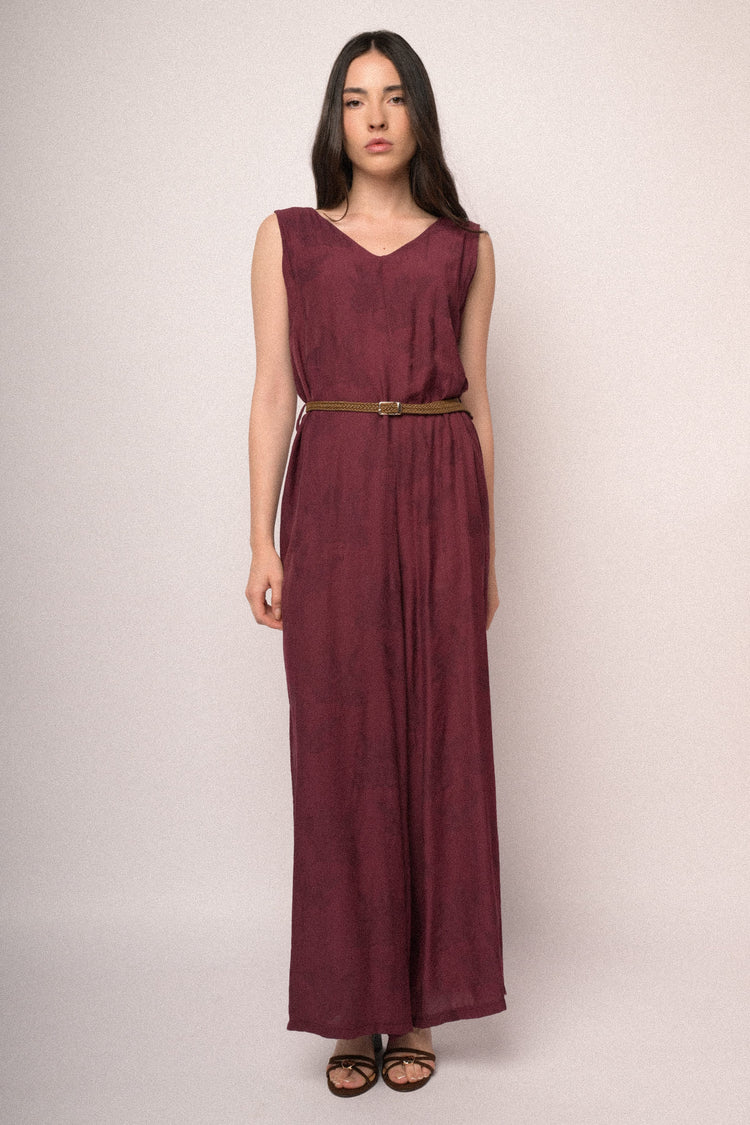 Tuta in jacquard foliage bordeaux con cintura