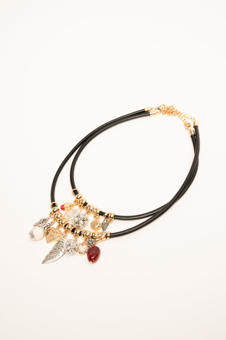 Collana a doppio filo nero con ciondoli multicolor