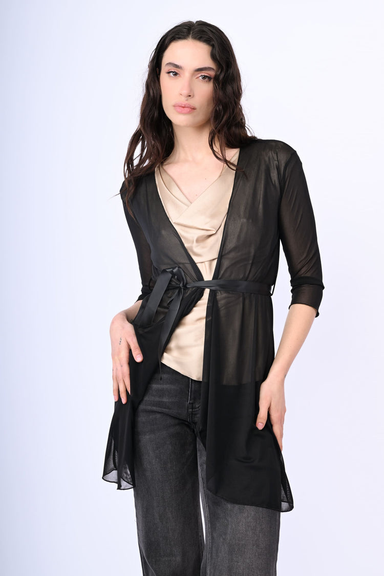 Cardigan in tulle con cintura