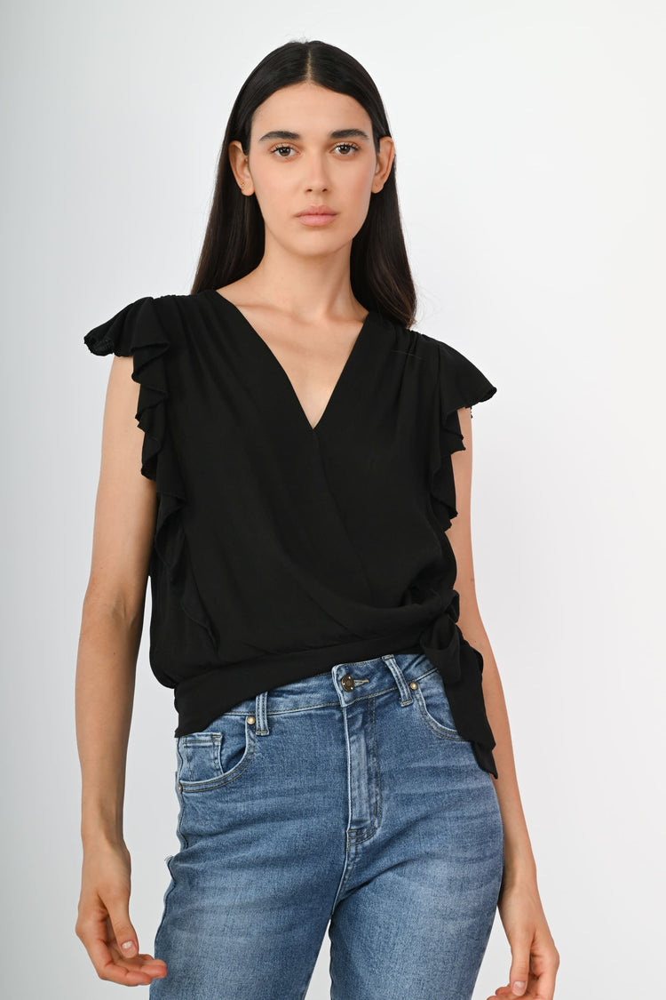 Top in viscosa con volants e fiocco