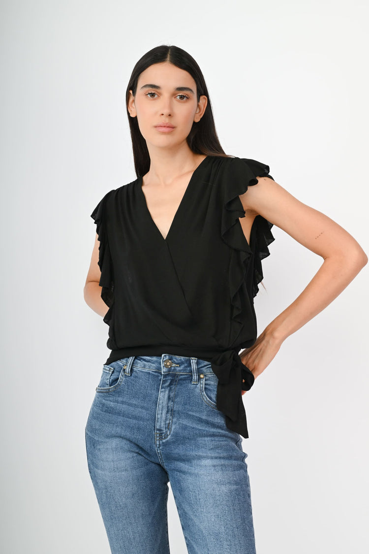 Top in viscosa con volants e fiocco
