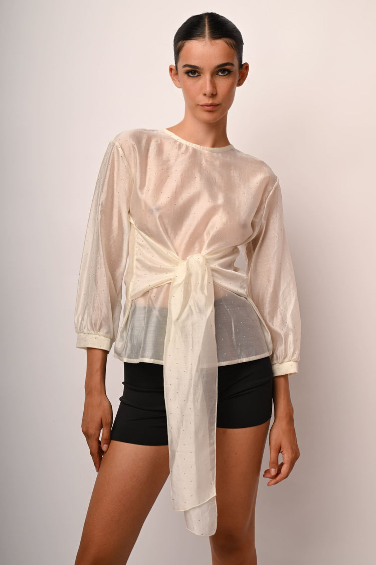 Blusa in mussola con fiocco e strass