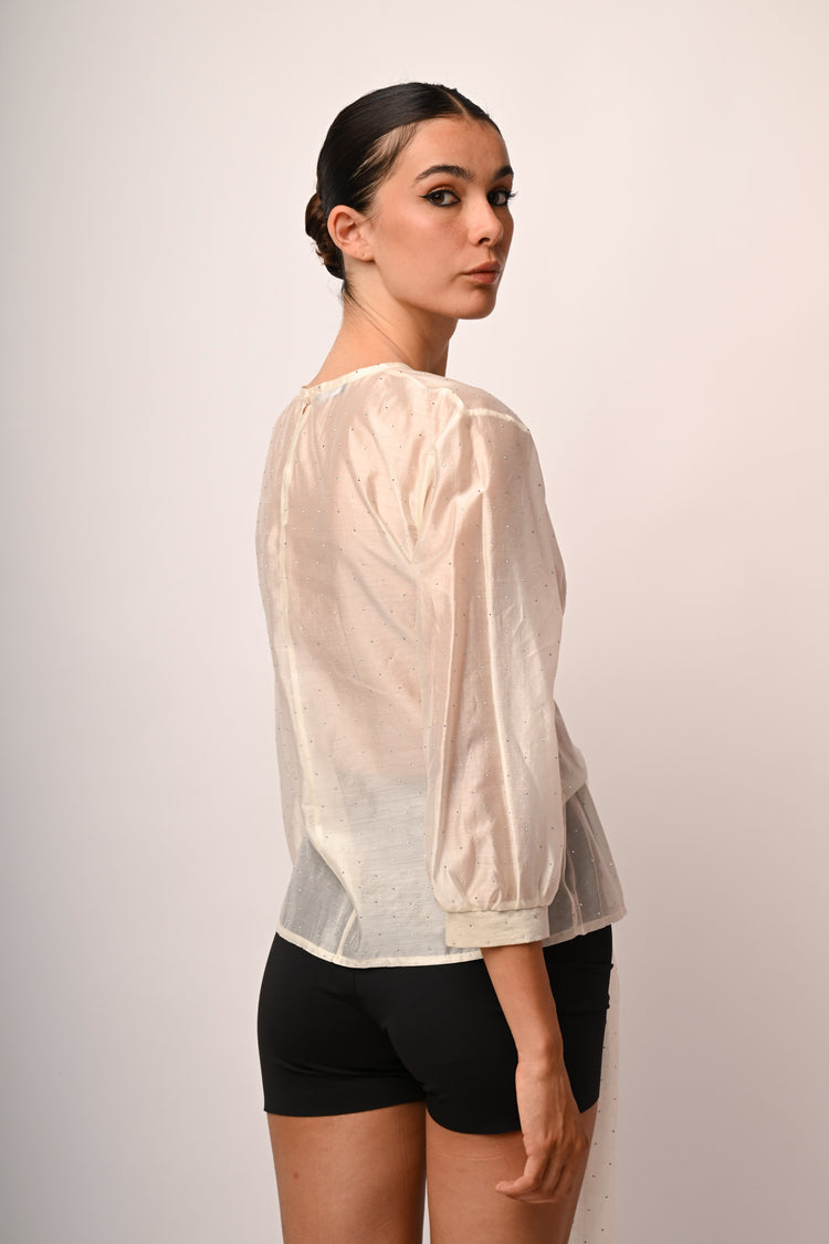 Blusa in mussola con fiocco e strass