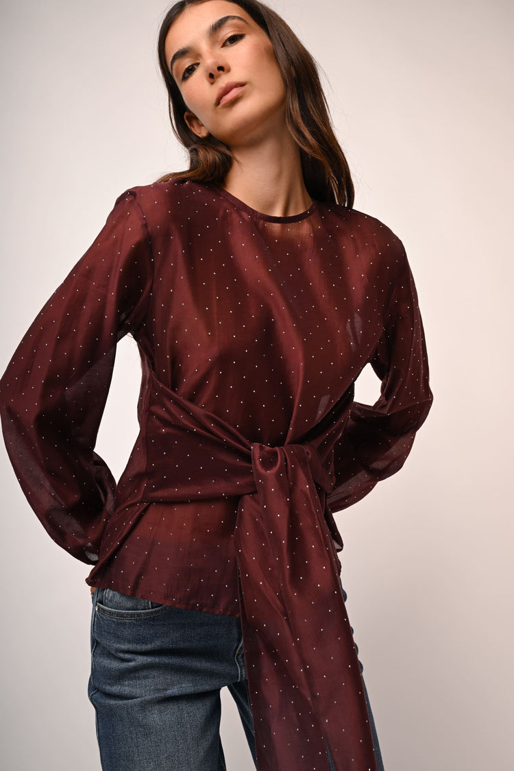 Blusa in mussola con fiocco e strass