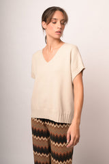Pull a mezze maniche con scollo a V beige